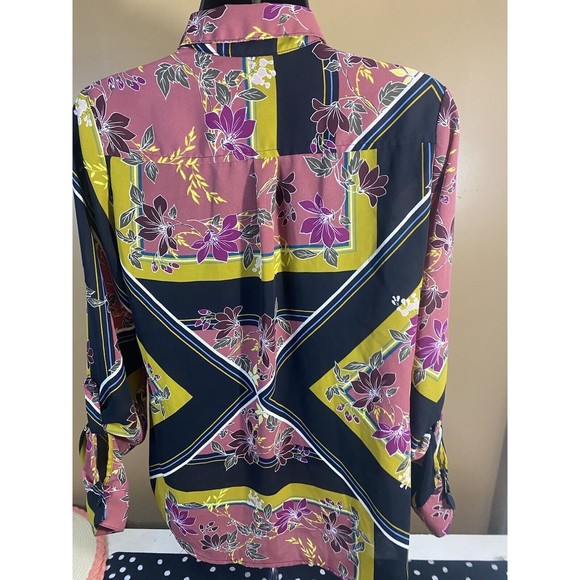 Multicolor Floral/striped Button Up Top With Pockets/button Sleeves Size XS - Picture 13 of 16
